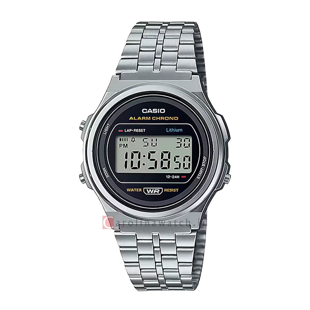 Jam Tangan Casio General A171WE-1A Unisex Digital Dial Black Stainless Steel Band