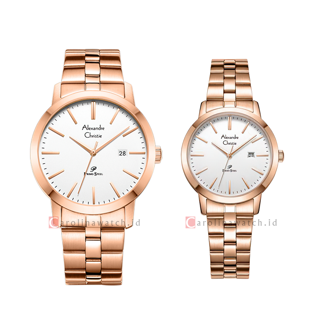 Jam Tangan Couple Alexandre Christie Classic Steel AC 1007 M/LDBRGSL White Dial Rose Gold Stainless Steel Strap