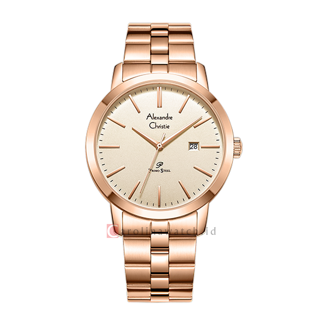 Jam Tangan Alexandre Christie Primo Steel AC 1007 MDBRGLN Men Gold Dial Rose Gold Stainless Steel Strap
