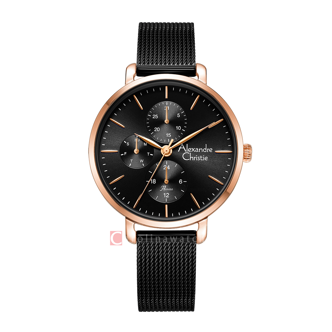 Jam Tangan Alexandre Christie AC 2916 BFBBRBA Women Black Dial Black Mesh Strap