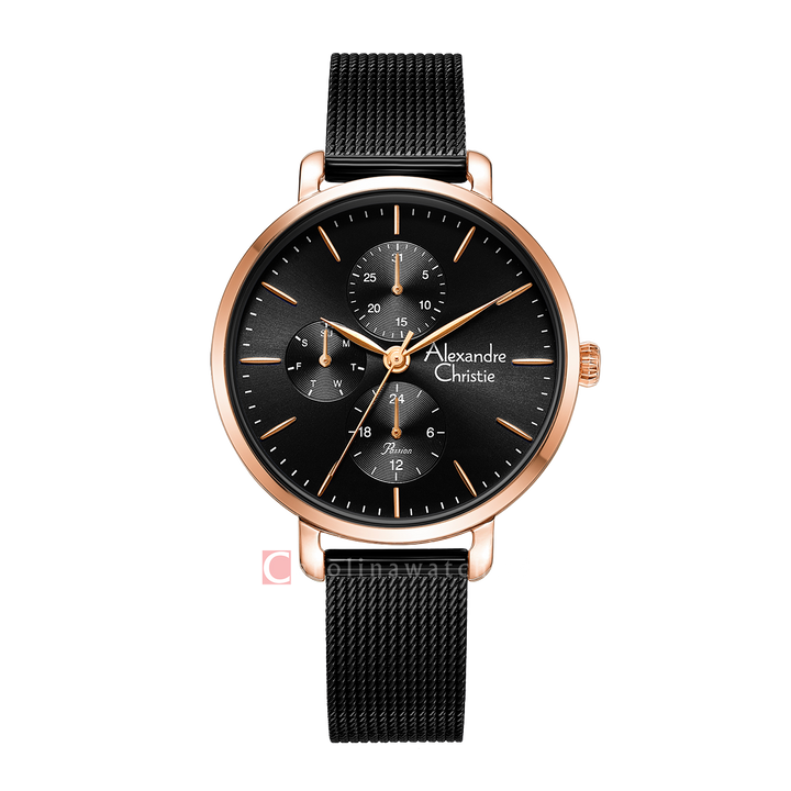 Jam Tangan Alexandre Christie AC 2916 BFBBRBA Women Black Dial Black Mesh Strap