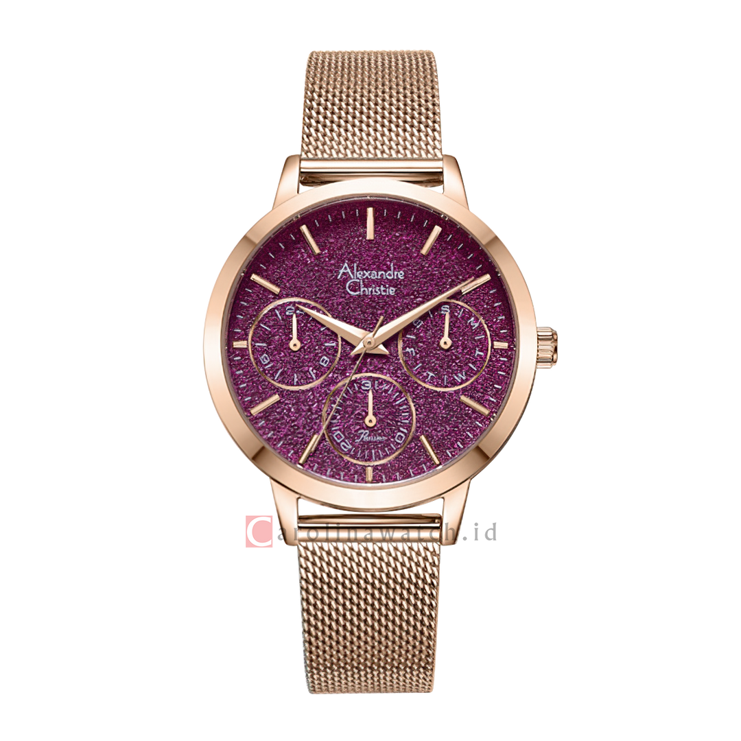 Jam Tangan Alexandre Christie Passion AC 2B25 BFBRGDR Women Glitter Red Dial Rose Gold Mesh Stainless Steel Strap
