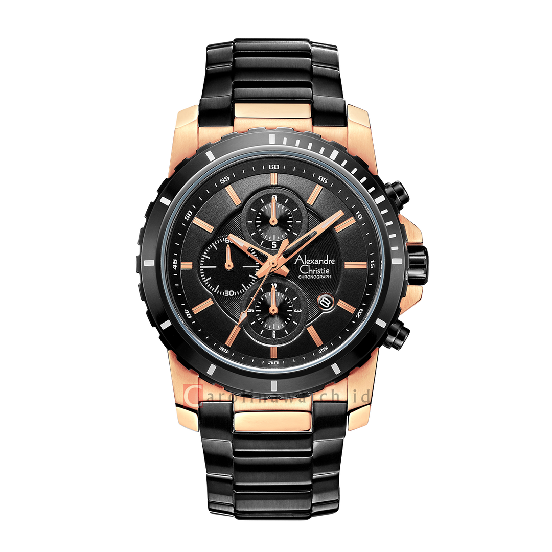 Jam Tangan Alexandre Christie Chronograph AC 6141 MCBBRBA Men Black Dial Black Stainless Steel Strap