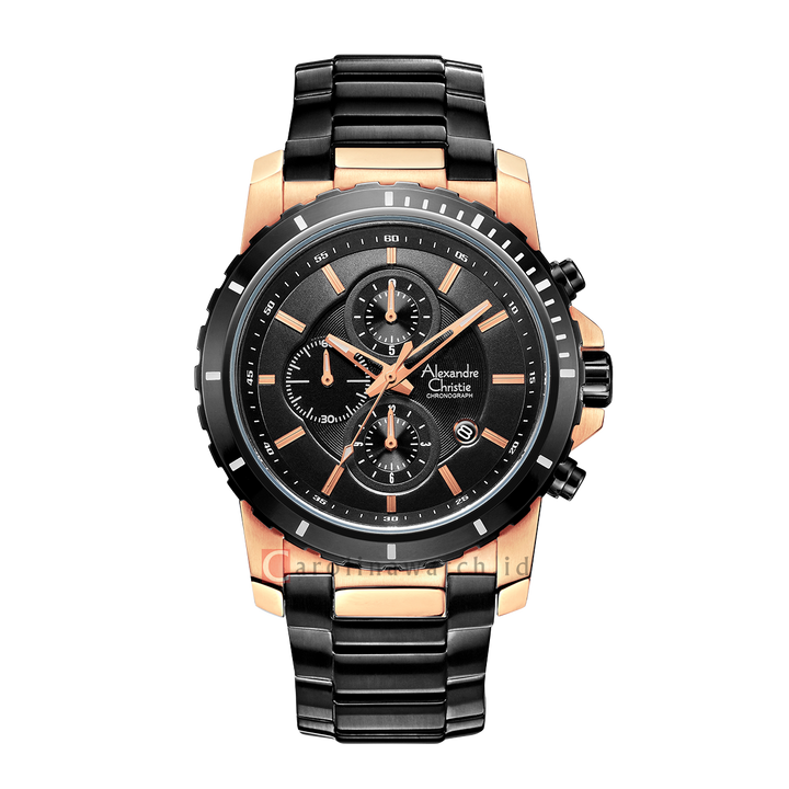 Jam Tangan Alexandre Christie Chronograph AC 6141 MCBBRBA Men Black Dial Black Stainless Steel Strap