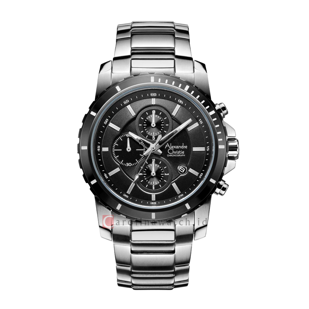 Jam Tangan Alexandre Christie Chronograph AC 6141 MCBTBBA Men Black Dial Stainless Steel Strap