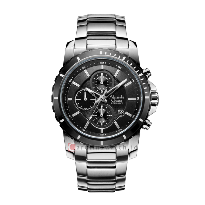 Jam Tangan Alexandre Christie Chronograph AC 6141 MCBTBBA Men Black Dial Stainless Steel Strap