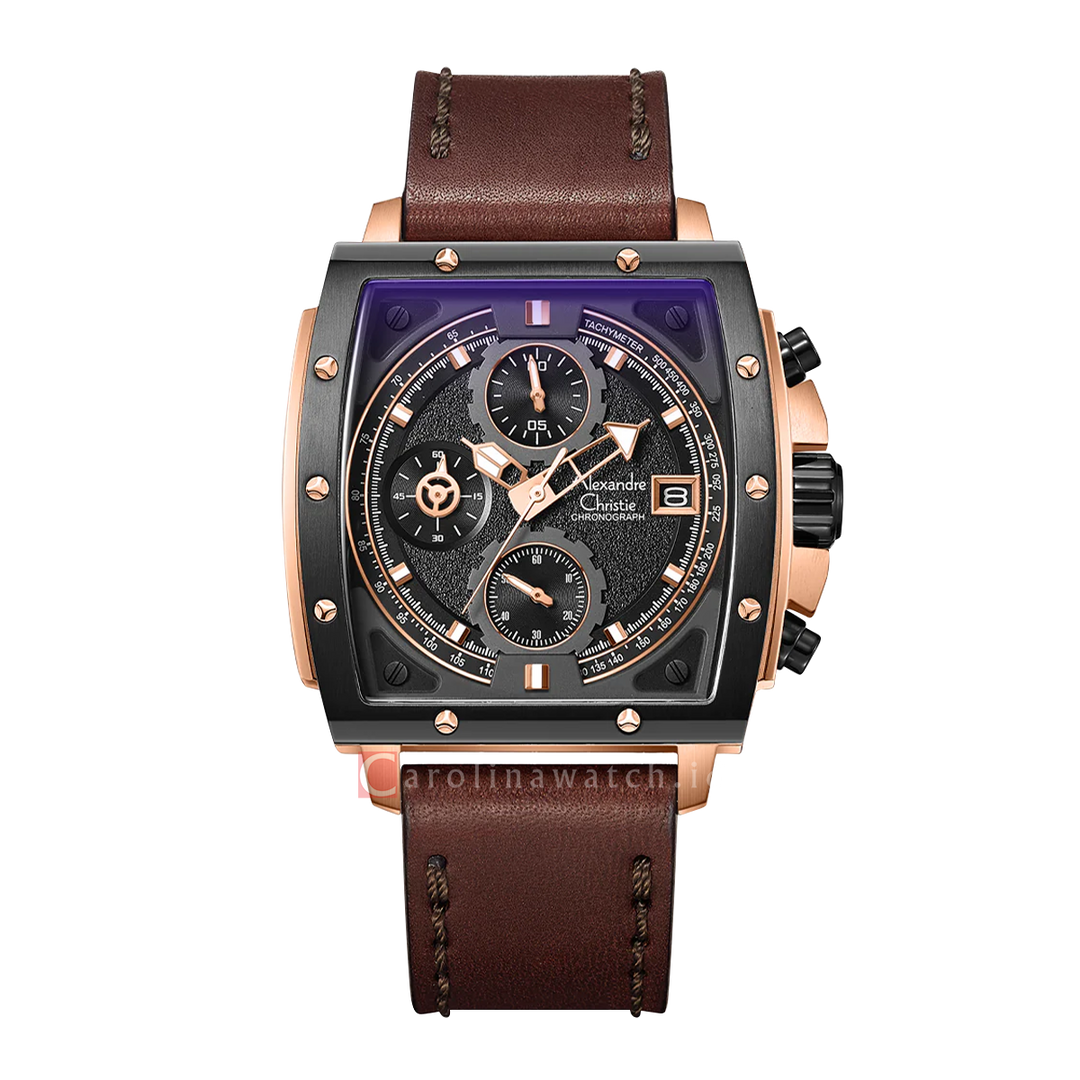 Jam Tangan Alexandre Christie Chronograph AC 6376 MCLBRBA Men Black Dial Brown Leather Strap