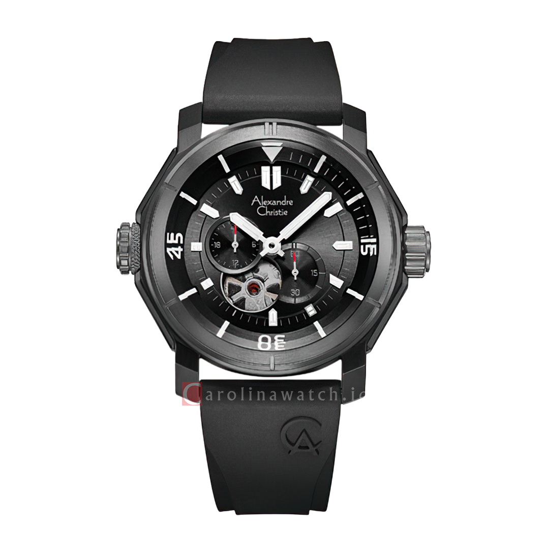 Jam Tangan Alexandre Christie AC 6565 MAREPBA Men Black Dial Black Rubber Strap