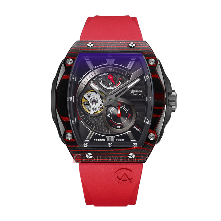 Jam Tangan Alexandre Christie Automatic AC 6608 MAREPBARE Men Black Open Heart Dial Red Rubber Strap + Box Set Special Edition