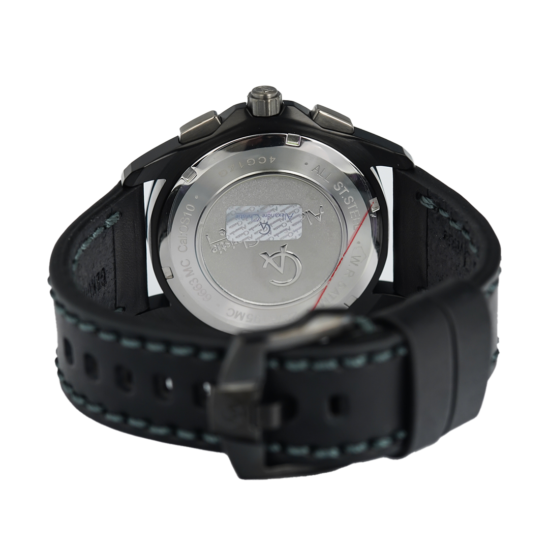 Jam Tangan Alexandre Christie Chronograph AC 6663 MCLUBBA Men Glitter Black Dial Black Leather Strap