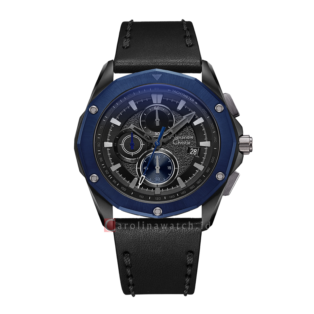 Jam Tangan Alexandre Christie Chronograph AC 6663 MCLUBBA Men Glitter Black Dial Black Leather Strap