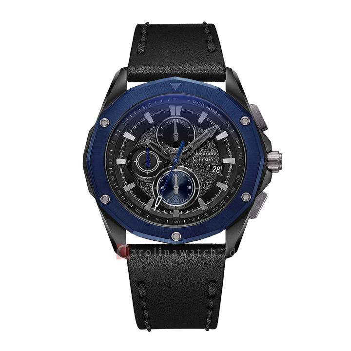 Jam Tangan Alexandre Christie Chronograph AC 6663 MCLUBBA Men Glitter Black Dial Black Leather Strap