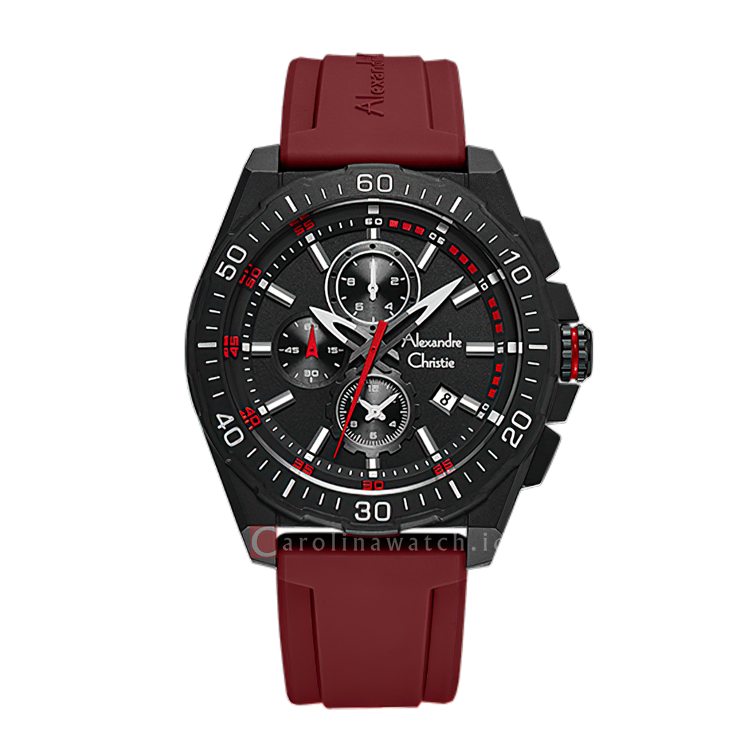Jam Tangan Alexandre Christie AC 6689 MCRIPBARE Men Black Dial Red Rubber Strap