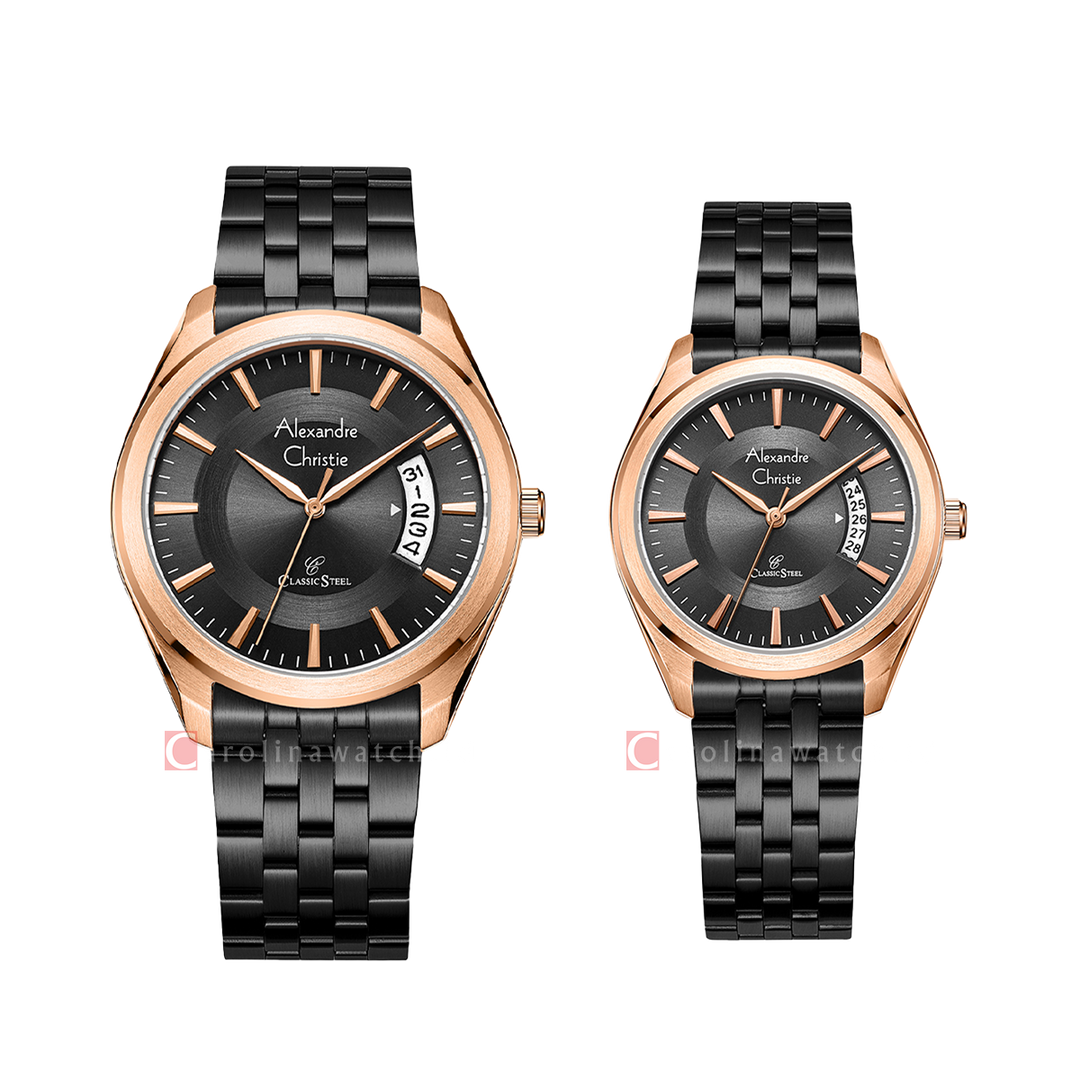 Jam Tangan Couple Alexandre Christie Classic Steel AC 8674 M/LDBBRBA Black Dial Black Stainless Steel Strap