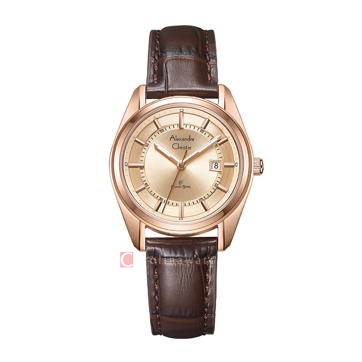 Jam Tangan Alexandre Christie Classic Steel AC 8695 LDLRGLN Women Gold Dial Brown Leather Strap
