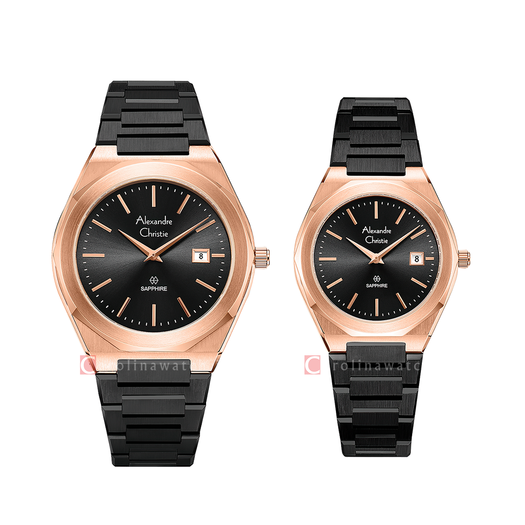 Jam Tangan Couple Alexandre Christie Classic Steel AC 8710 M/LDBBRDGSG Black Dial Black Stainless Steel Strap