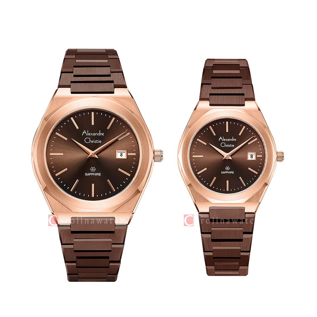 Jam Tangan Couple Alexandre Christie Classic Steel AC 8710 M/LDBROBOSG Brown Dial Brown Stainless Steel Strap