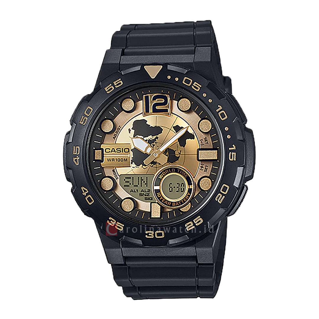 Jam Tangan Casio General AEQ-100BW-9A Men Digital Analog Dial Black Resin Band