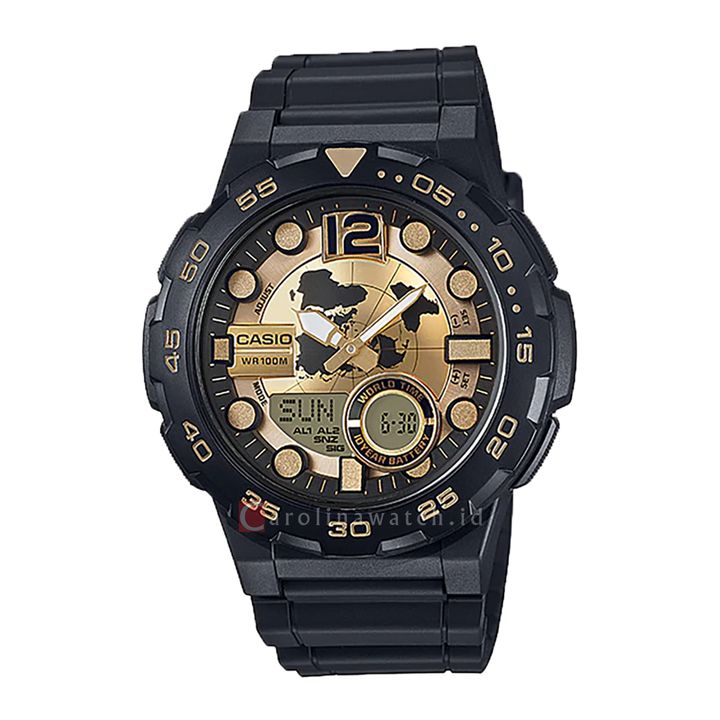 Jam Tangan Casio General AEQ-100BW-9A Men Digital Analog Dial Black Resin Band