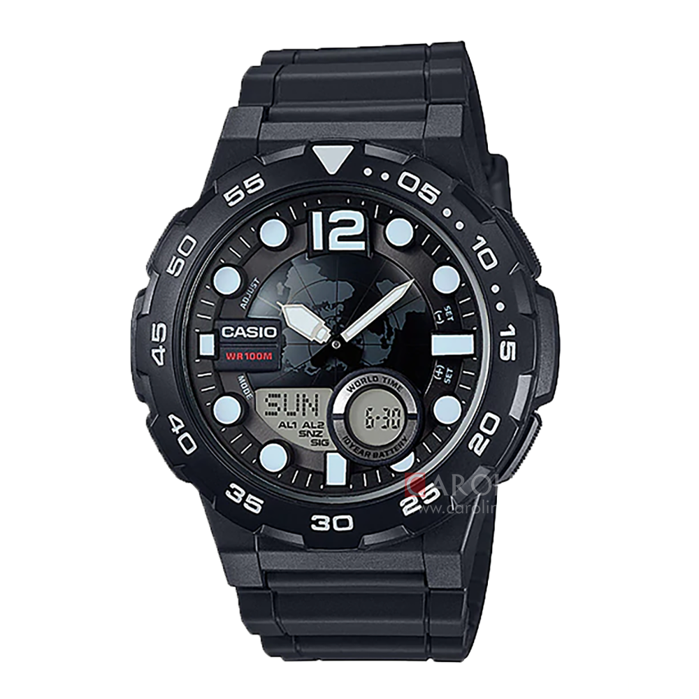 Jam Tangan Casio General AEQ-100W-1A Men Black Digital Analog Dial Black Resin Band