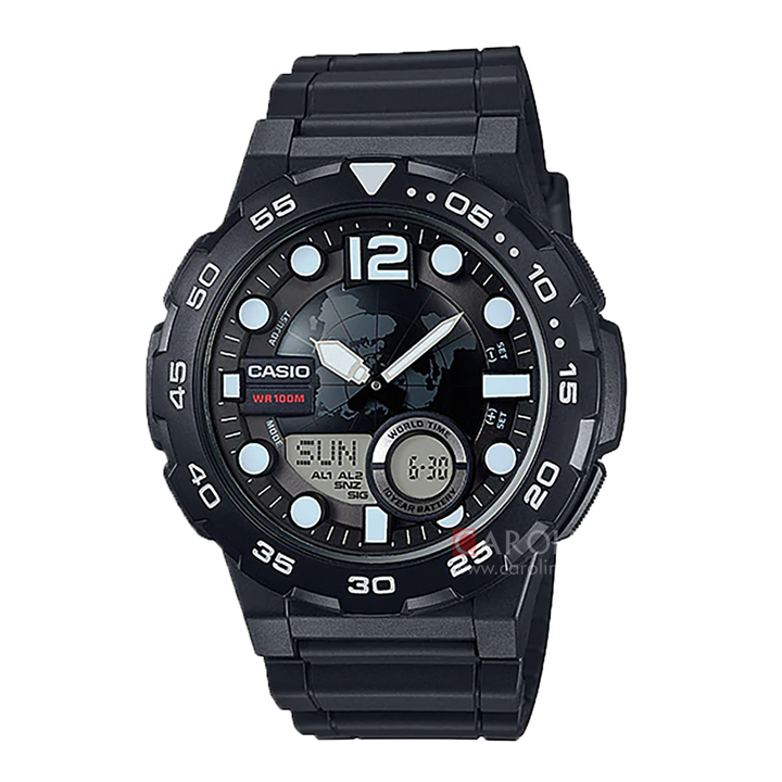 Jam Tangan Casio General AEQ-100W-1A Men Black Digital Analog Dial Black Resin Band