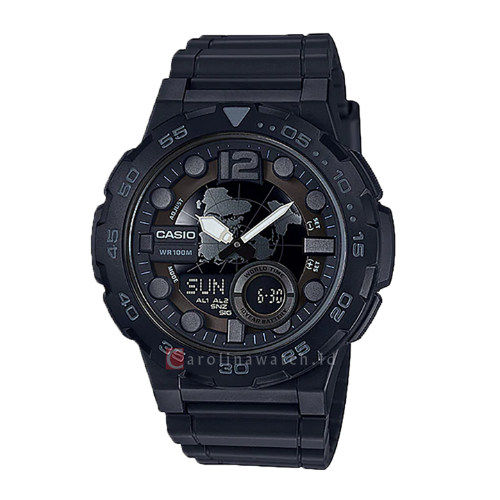Jam Tangan Casio General AEQ-100W-1B Digital Analog Display Dial Black Resin Strap