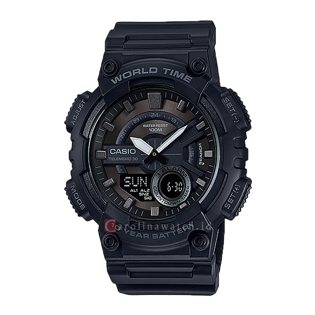 Jam Tangan Casio General AEQ-110W-1B Men Digital Analog Dial Black Resin Band