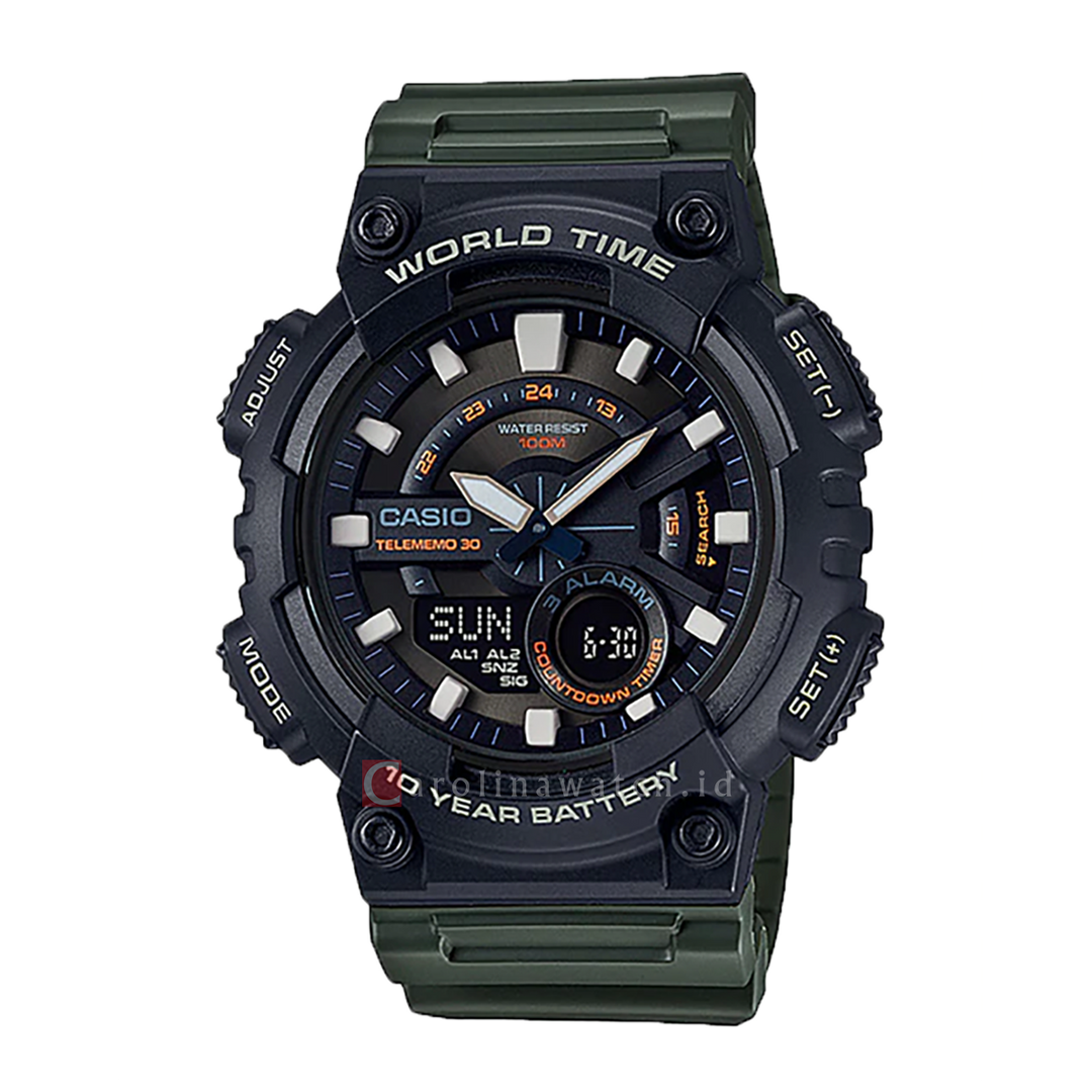 Jam Tangan Casio General AEQ-110W-3A Men Black Digital Analog Dial Green Resin Strap