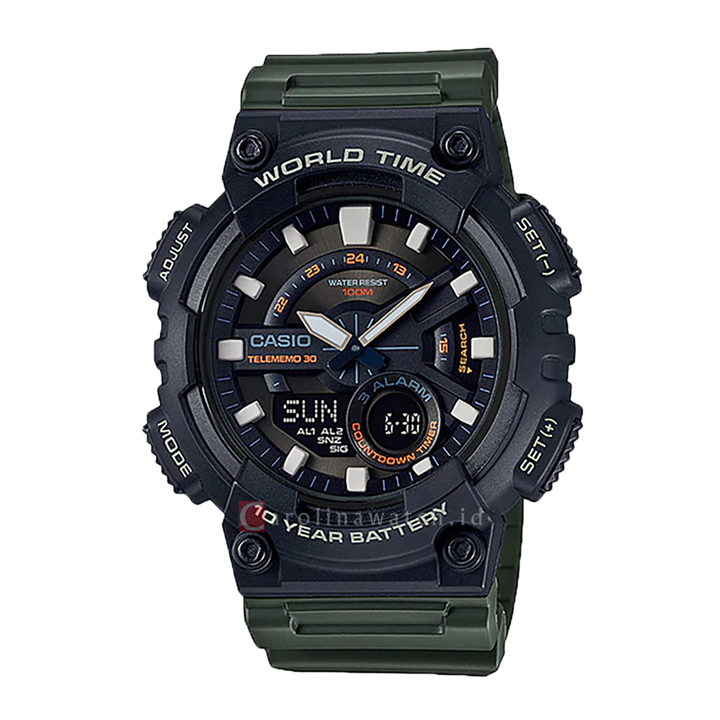 Jam Tangan Casio General AEQ-110W-3A Men Black Digital Analog Dial Green Resin Strap