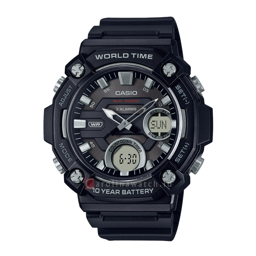 Jam Tangan Casio General AEQ-120W-1A World Time Digital-Analog Dial Black Resin Strap