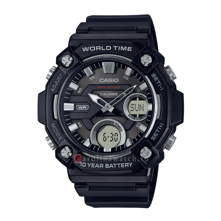 Jam Tangan Casio General AEQ-120W-1A World Time Digital-Analog Dial Black Resin Strap