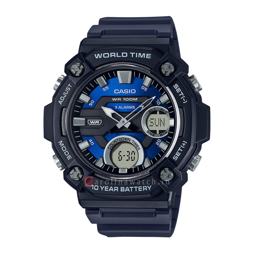 Jam Tangan Casio Standard AEQ-120W-2A Men World Time Digital-Analog Dial Navy Blue Resin Strap