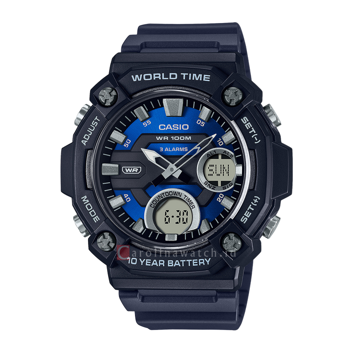 Jam Tangan Casio Standard AEQ-120W-2A Men World Time Digital-Analog Dial Navy Blue Resin Strap