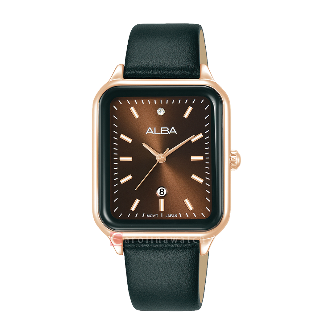 Jam Tangan ALBA AH7DW6X1 Women Brown Dial Black Leather Strap