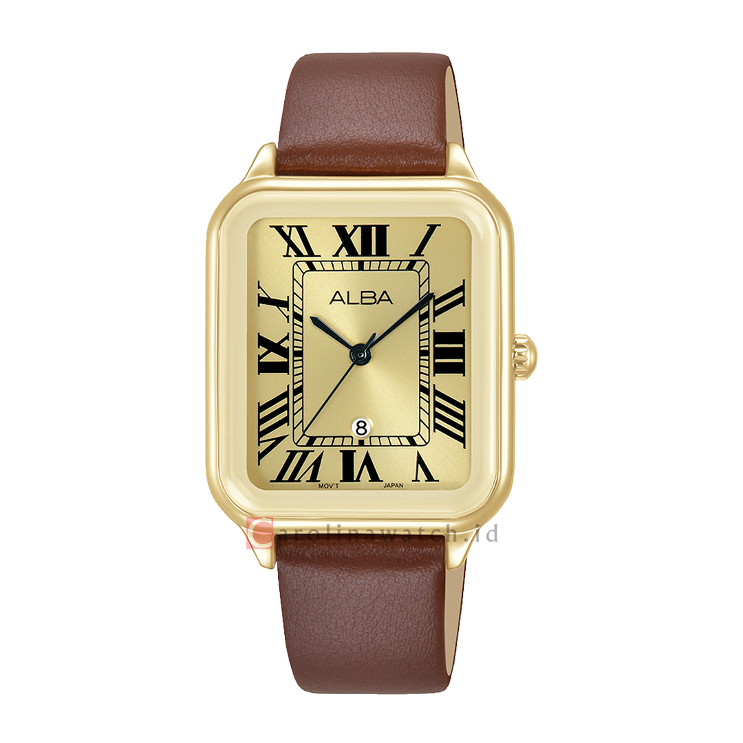 Jam Tangan ALBA AH7DX6X1 Tank Women Gold Dial Brown Leather Strap