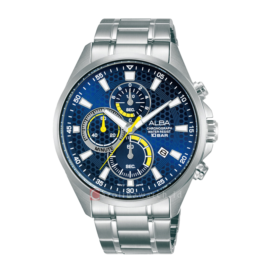 Jam Tangan ALBA Active AM3873X1 Men Chronograph Blue Patterned Dial Stainless Steel Strap