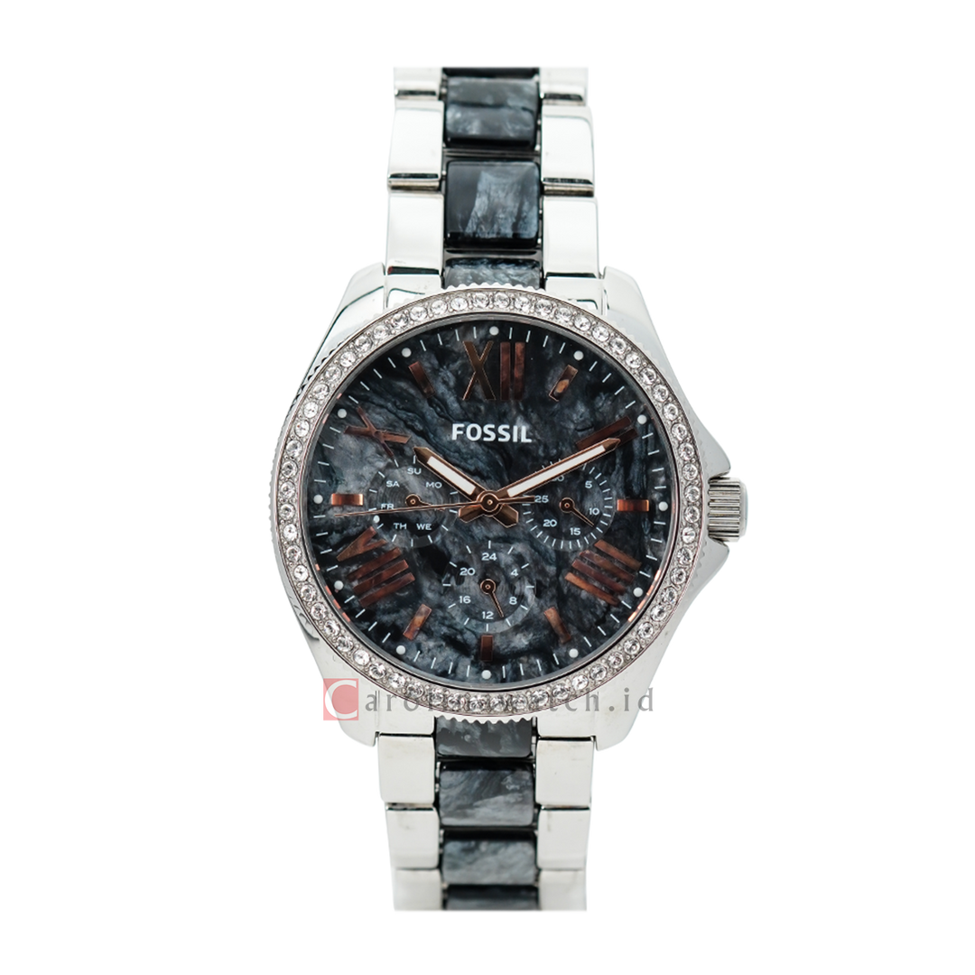 Jam Tangan Fossil Cecile AM4632 Multifunction Women Black Dial Dual Tone Stainless Steel with Ceramic Strap