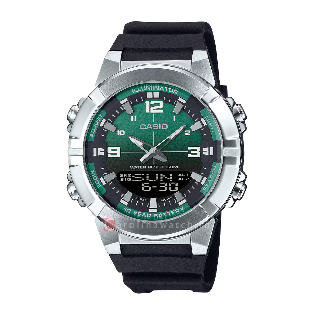 Jam Tangan Casio Analog-Digital Combination AMW-870A-3A Men Green Dial Black Resin Strap
