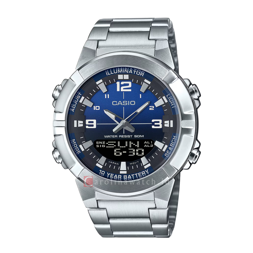 Jam Tangan Casio Analog-Digital Combination AMW-870DA-2A1 Men Blue Dial Stainless Steel Band