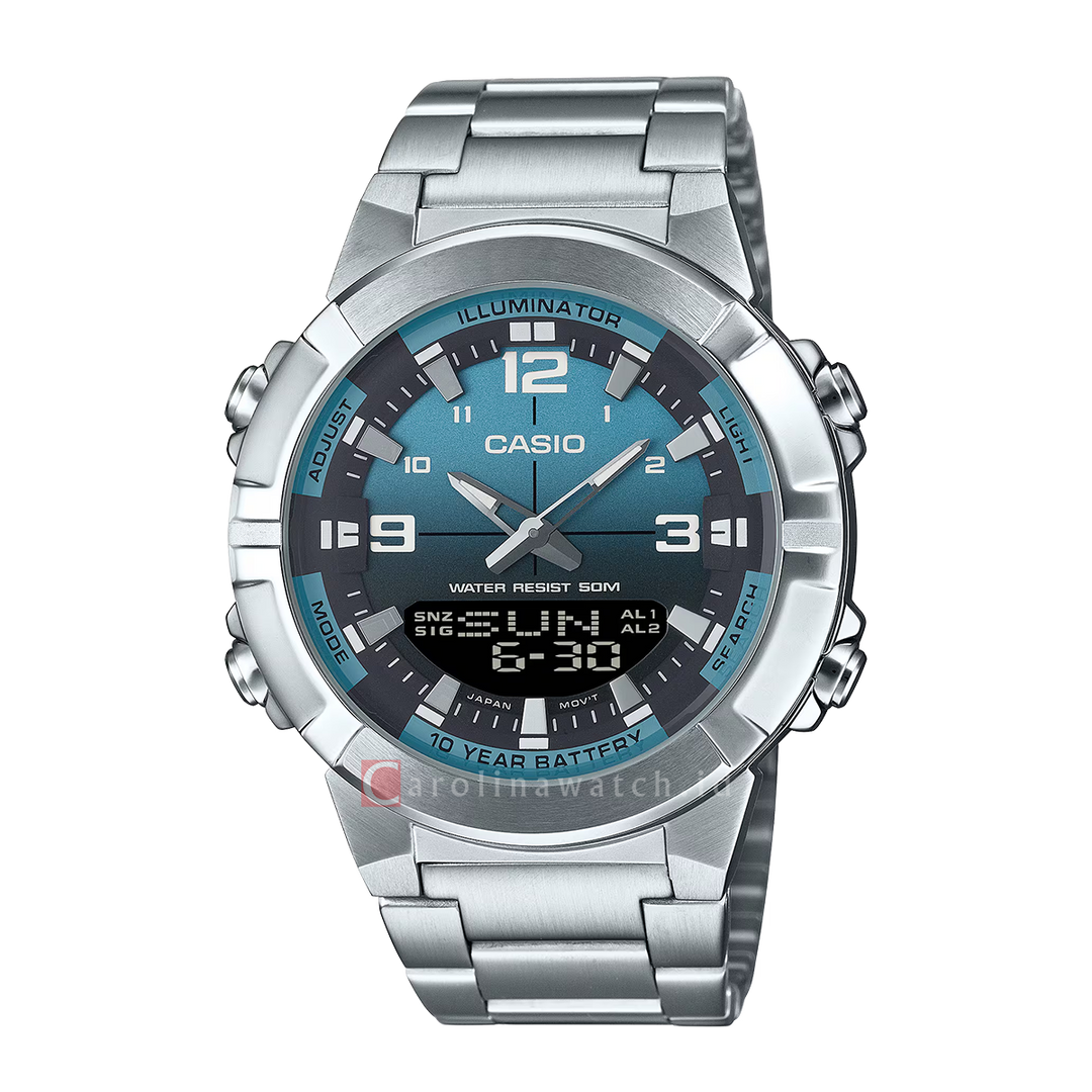 Jam Tangan Casio Analog-Digital Combination AMW-870DA-2A2 Men Blue Dial Stainless Steel Band