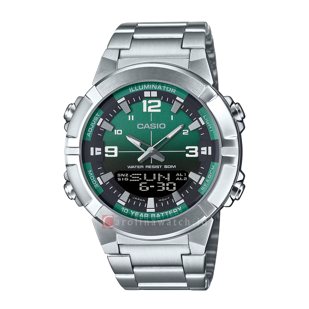 Jam Tangan Casio Analog-Digital Combination AMW-870DA-3A Men Green Dial Stainless Steel Band