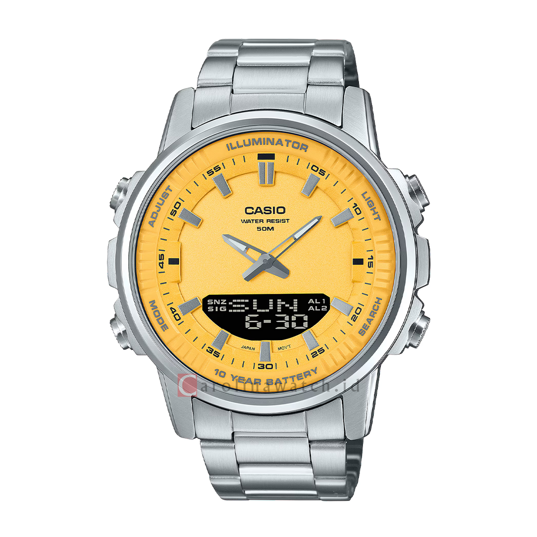 Jam Tangan Casio POP AMW-880D-9A Men Yellow Digital Analog Dial Stainless Steel Strap