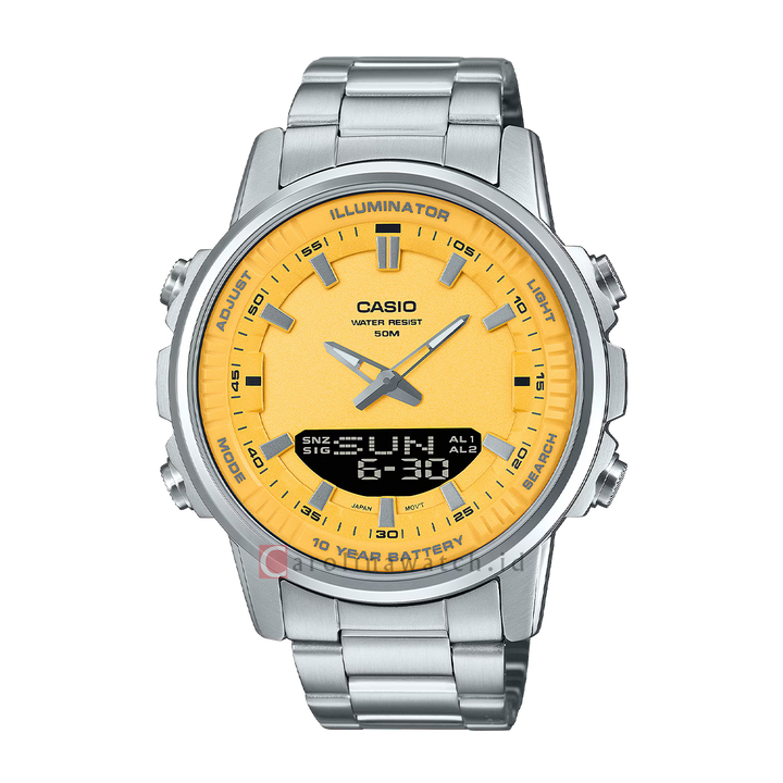 Jam Tangan Casio POP AMW-880D-9A Men Yellow Digital Analog Dial Stainless Steel Strap