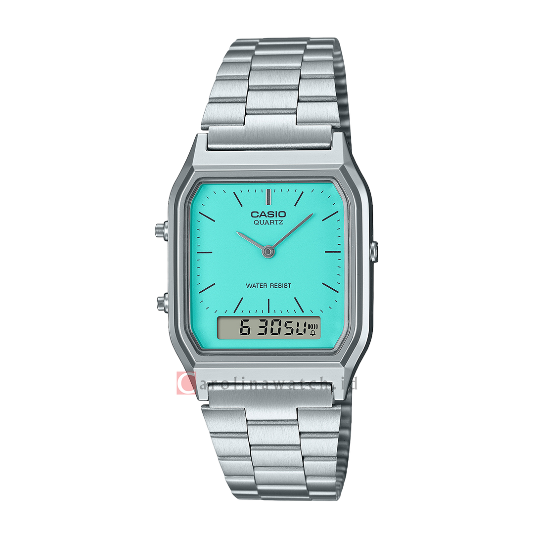 Jam Tangan Casio General AQ-230A-2A2MQY Unisex Turquoise  Blue Dial Stainless Steel Band