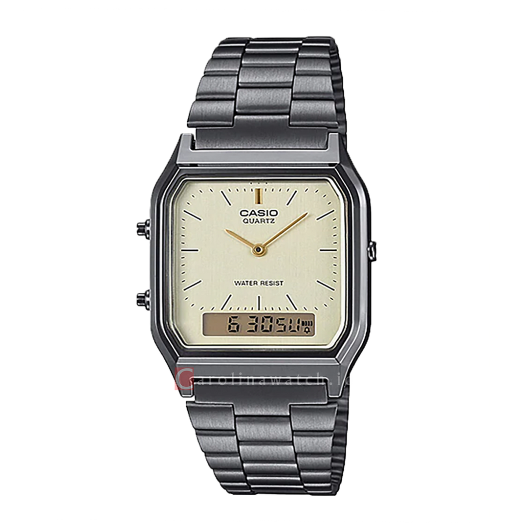 Jam Tangan Casio General AQ-230GG-9A Unisex Beige Digital Analog Dial Black Stainless Steel Strap