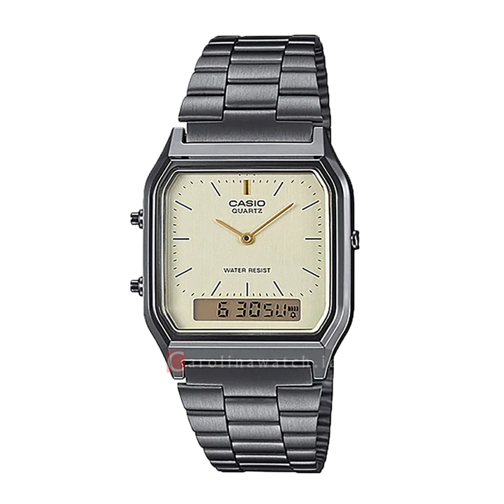 Jam Tangan Casio General AQ-230GG-9A Unisex Beige Digital Analog Dial Black Stainless Steel Strap