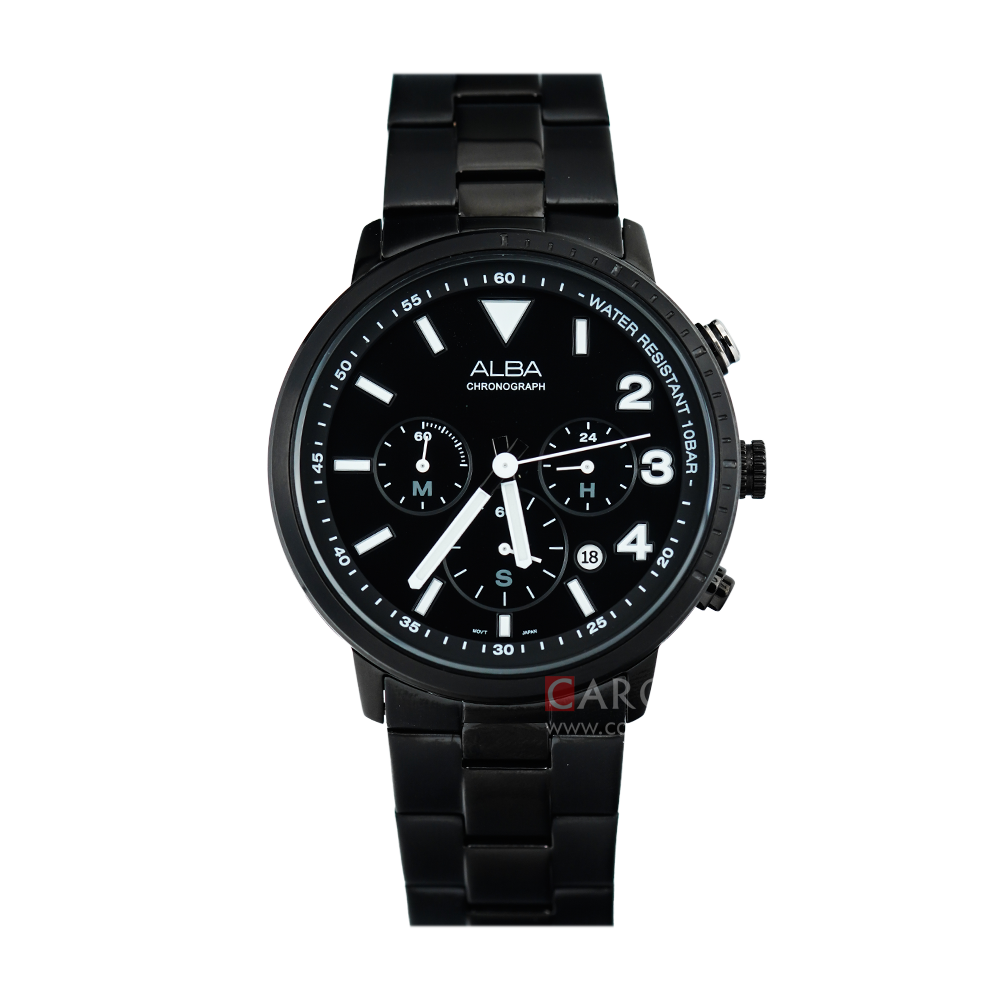 Jam Tangan ALBA Active Chronograph AT3F43X1 Men Black Dial Black Stainless Steel Strap