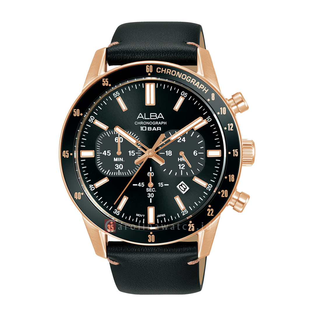 Jam Tangan ALBA AT3J84X1 Men Chronograph Black Dial Black Leather Strap