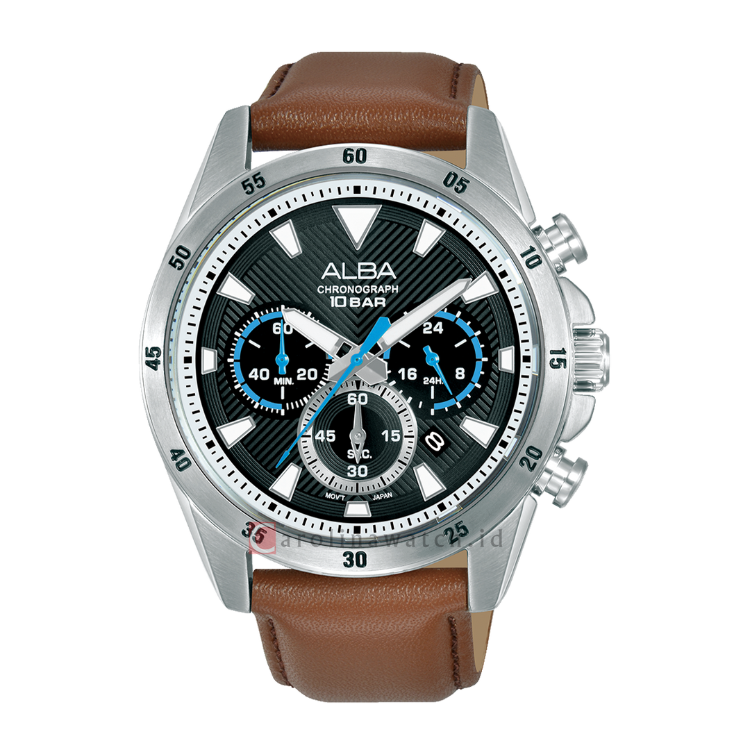 Jam Tangan Alba Active AT3K69X1 Men Black Dial Brown Leather Strap