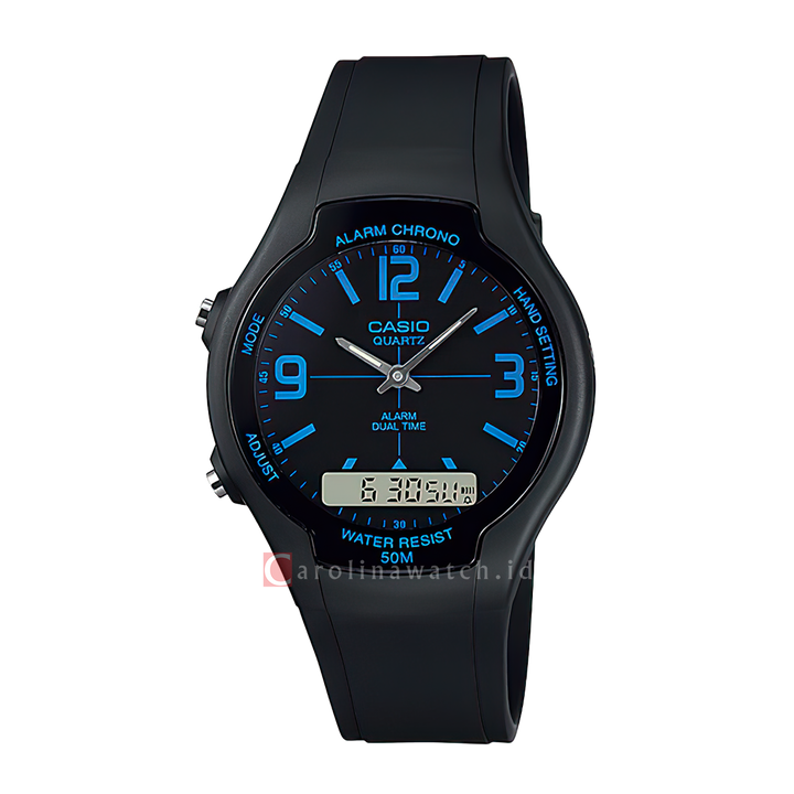 Jam Tangan Casio General AW-90H-2B Unisex Digital Analog Dial Black Resin Strap